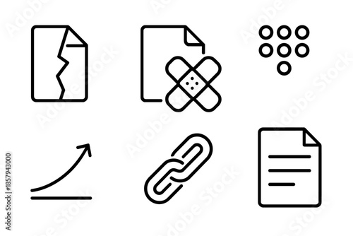 Archive Repair Icons. Line vector icons of archive integrity repair: damaged file edge, patch symbol, data clusters, restoration