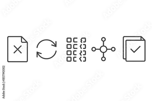 Digital Archive Repair. Line vector icons of digital archive reconstruction process: faulty file, rebuild arrows, broken data bits