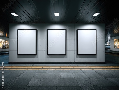 Three blank posters on a tiled wall in a dark urban tunnel setting
