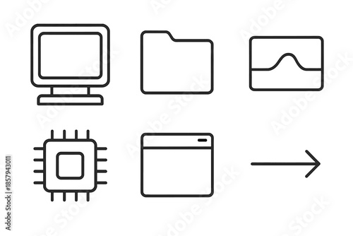 Legacy Software Icons. Line vector icons of legacy software environment emulation: square display, classic folder, boot wave,