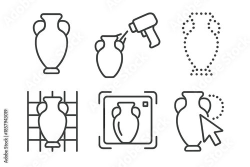 3D Object Reconstruction Icons. Line vector icons of object 3D reconstruction: item outline, scan laser, dotted mesh, mapping grid