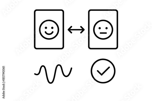 Affective Response Icons. Line vector icons of affective response split-test: dual panels, cheerful icon, subtle-expression icon,