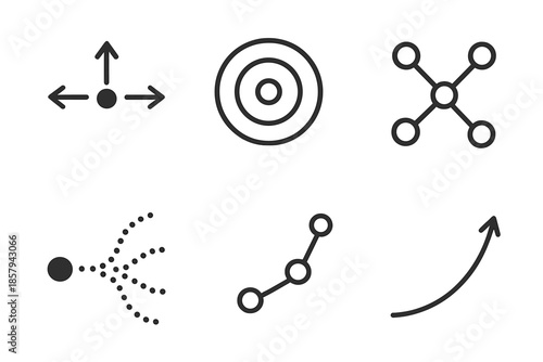 Viral Spread Dynamics Icons. Line vector icons of viral spread dynamics: source point, outward arrows, wave rings, connected nodes