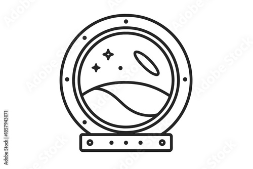 Luxury Space Cabin Window. Line vector icons of luxury space cabin window: porthole outline, Earth band, small stars, frame plate,
