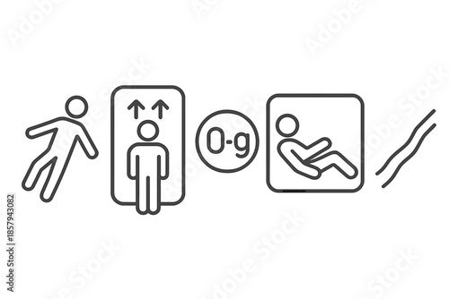 Zero-G Vector Icons. Line vector icons of in-transit weightlessness: airborne body outline, lift arrows, zero-g token, relaxed
