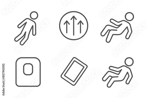Zero-Gravity Experience Icons. Line vector icons of zero-gravity sensation: human outline, upward drift arrows, microgravity