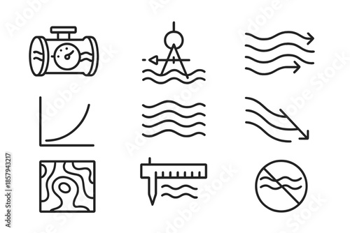 Hydrodynamic Measurement Icons. Line style icons of hydrodynamic measurement systems: flow gauge, stream compass, current line,