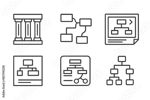 Syntax Design Icons. Line style icons of syntax foundation design: word pillars, grammar map, blueprint sentence, structural