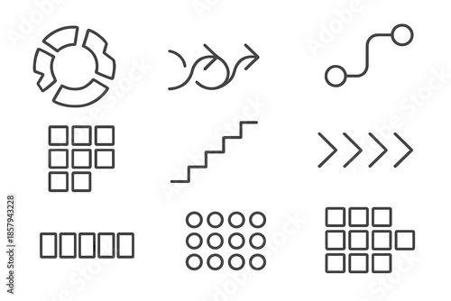 Fragmented Progress Tracker. Line style icons of piecemeal momentum trackers: fragmented shapes, gradual flow, connected path,