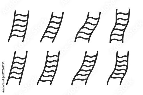 Wavy Ladder Icons. Line style icons of wave-formed ladders: curved rungs, rising flow, wavy climb, rhythmic lines, gradient steps,