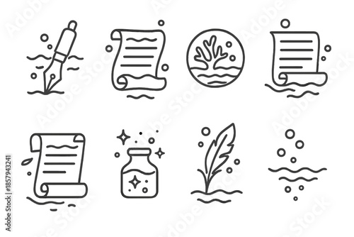 Submerged Narrative Tools. Line style icons of submerged narrative tools: water pen, drift parchment, coral seal, flow script,