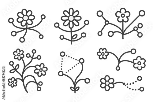 Floral Network Icons. Line style icons of floral network hubs: blooming center, petal ring, stem connections, dotted link, organic