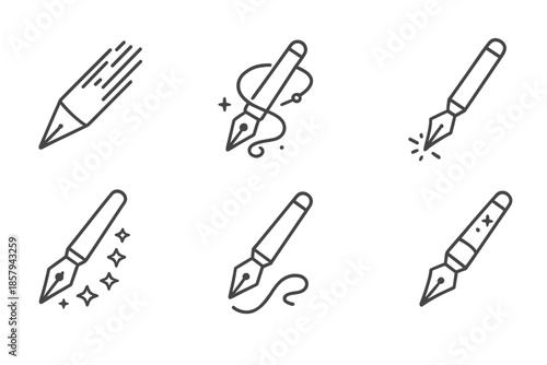 Interstellar Writing Icons. Line style icons of interstellar writing devices: comet pen, nebula trail, orbit marker, light brush,