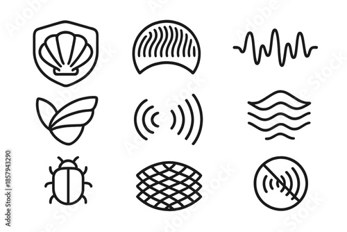 Bio-Acoustic Protection Icons. Line style icons of bio-acoustic protection tools: shell guard, echo pattern, sound wave, wing