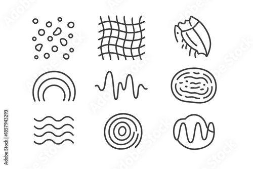 Microscopic Acoustic Icons. Line style icons of microscopic acoustic residue: small particles, wave grid, bug fragment, ripple arc