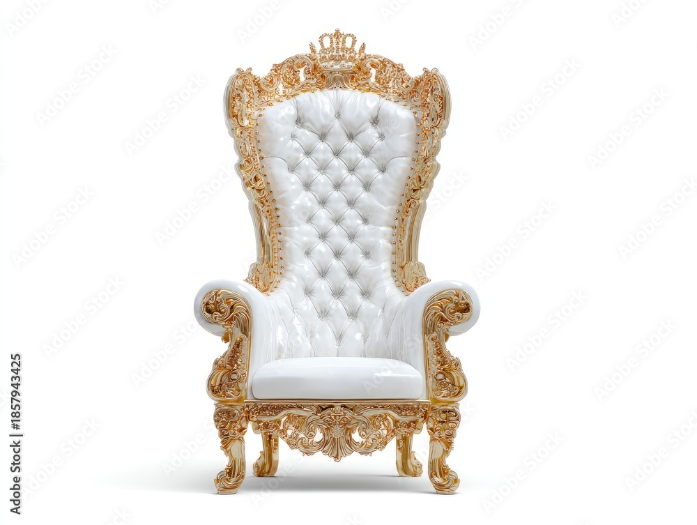 Fototapeta premium Ornate white and gold throne chair with crown detail on white background