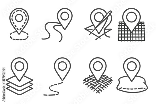 Fabric Navigation Icons. Line style icons of fabric route signs: stitched loop, curved fabric trail, thread compass, woven