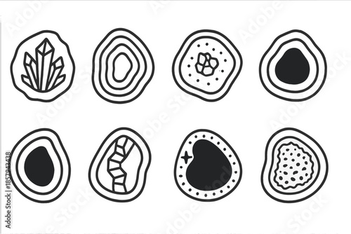 Geode Interior Icons. Line style icons of geode interior studies: crystalline core, layered wall, reflective pocket, hollow