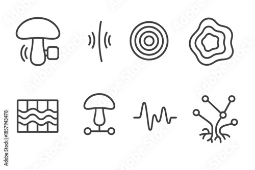 Mushroom Seismic Sensors. Line style icons of mushroom bristle quake monitoring: fungal stem sensor, vibrating bristle, seismic
