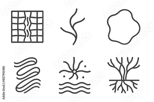 Fungal Analysis Icons. Line style icons of fungal tremor analysis systems: vibrating filament grid, curved mycelial thread,