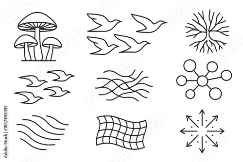 Birds and Mushrooms Icons. Line style icons of bird formation mushroom study: curved fungal caps, layered flight path, mycelial