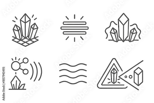 Luminous Mineral Systems. Line style icons of luminous mineral exposure systems: glowing crystal grid, layered emission lines,