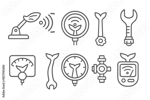 Cetacean Engineering Tools Icons. Line style icons of cetacean engineering tools: whale fin lever, sonar calibration dial, aquatic