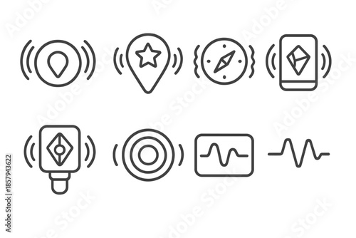 Trembling Reward Locators. Line style icons of trembling reward locators: vibration loop icon, reward pulse marker, shaking