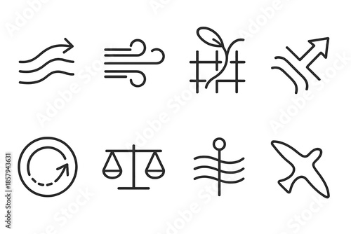 Drifting Alignment Icons. Line style icons of drifting alignment: motion path indicator, air current tracker, seed trajectory grid