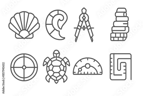 Armored Geometry Instruments. Line style icons of armored geometry instruments: shell protractor, segmented curve ruler, pattern