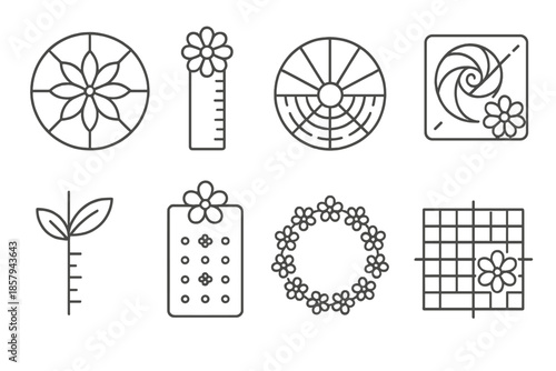 Floral Geometry Devices. Line style icons of floral geometry devices: petal alignment disk, growth pattern ruler, corolla angle