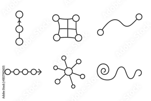 Kinetic Pathway Icons. Line style icons of kinetic pathway frameworks: motion flow chart, bending network grid, looping trajectory