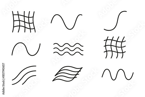 Curving Flow Patterns. Line style icons of curving flow patterns: fluid arc grid, sine wave path, soft bend diagram, continuous