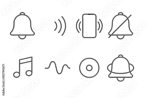 Serene Alert Icons. Line style icons of a serene alert interface: tranquil bell outline, airy sound pulse, minimal vibration icon,