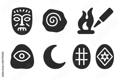 Stone Age Symbols. Solid style icons of stone age omen readers: carved mask, pattern stone, ritual flame, marking chisel,