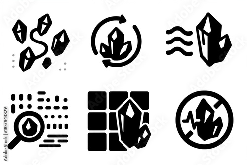 Crystalline Swarm Mapping Icons. Solid style icons of crystalline swarm mapping: crystal path, circular motion, light wave,
