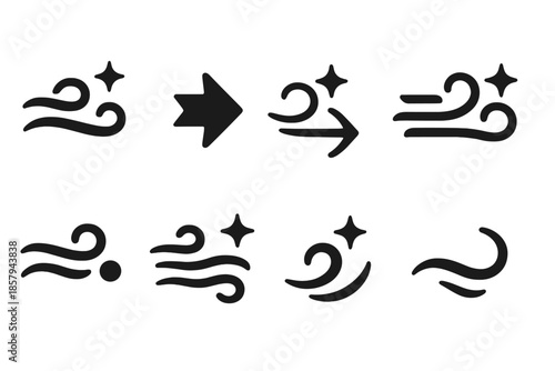 Wind Motion Icons. Solid style icons of a gentle wind sparking action: curved breeze lines, spark icon, motion arrow, flow swirl,