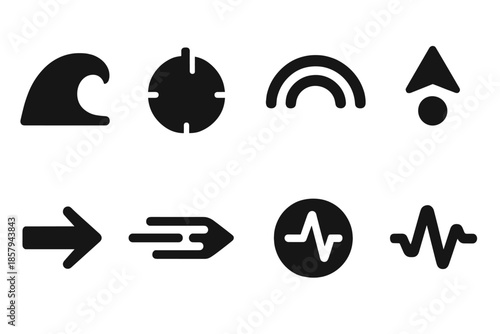 Surf Icons. Solid style icons of surf summits as controls: surf crest, control knob, ripple arc, peak marker, navigation arrow,