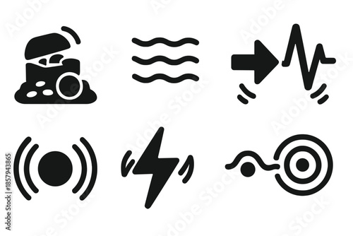 Quivering Treasure Icons. Solid style icons of quivering find systems: treasure pile, shaking lines, motion arrow, pulse indicator