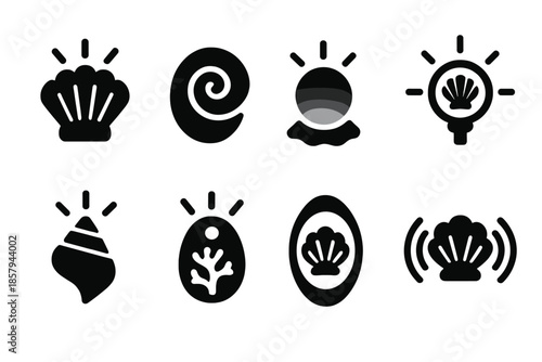 Luminous Shell Icons. Solid style icons of luminous shell indicators: shining shell plate, biolight spiral, pearly glow disc,