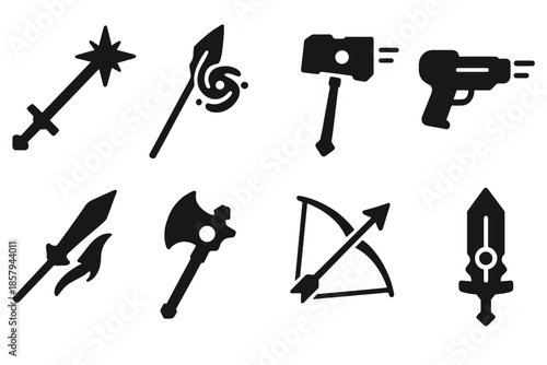 Cosmic Battle Equipment. Solid style icons of cosmic battle equipment: starlight sword, nebula spear, gravity hammer, photon