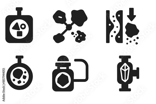 Geobiological Digestion Systems Icons. Solid style icons of geobiological digestion systems: mineral cell reactor, rock enzyme