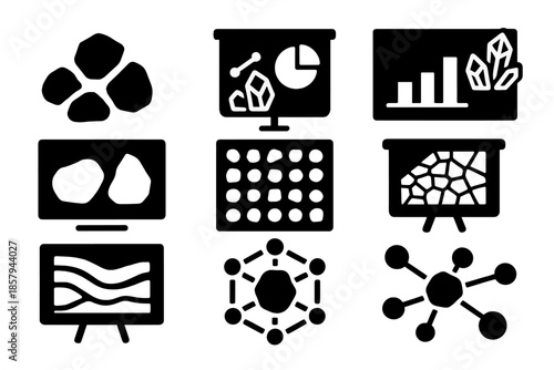 Geological Analysis Icons. Solid style icons of group rock analysis: stone cluster meter, mineral unity graph, crystal