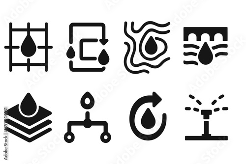 Hydro-Architectural Icons. Solid style icons of hydro-architectural design: fluid blueprint grid, liquid circulation map, flow