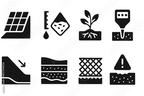 Erosion Control Icons. Solid style icons of erosion control soil science: slope stabilization grid, sediment flow gauge, retaining