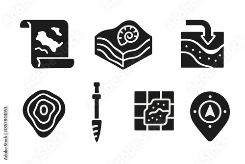 Paleogeographic Icon Set. Solid style icons of paleogeographic mapping: ancient map scroll, fossil terrain model, rock layer