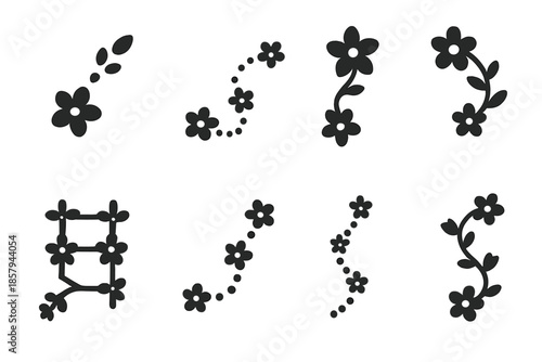 Floral Path Design. Solid style icons of a blossoming path creator: petal trail builder, floral route designer, organic road