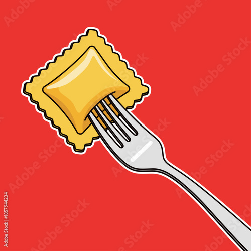 single ravioli pasta on a fork cartoon illustration