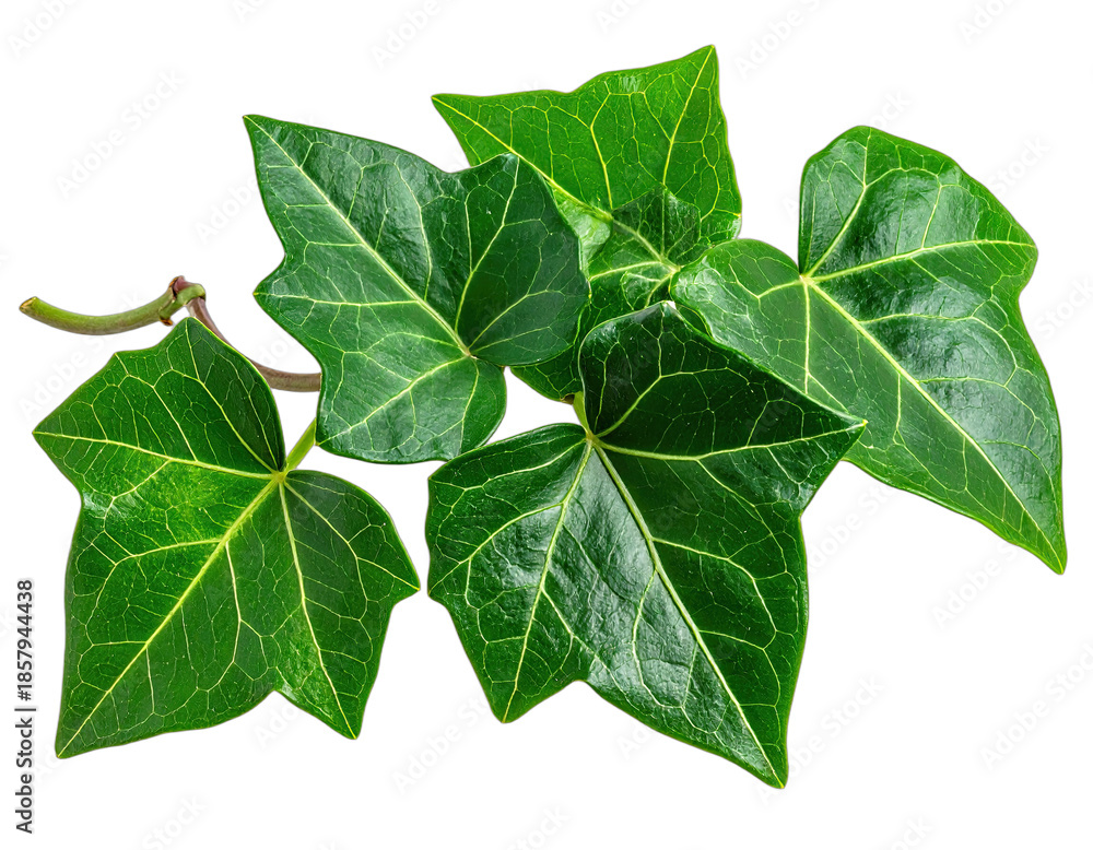 Obraz premium Close-up of glossy, green ivy leaves with prominent veins, a delicate stem, and a black backdrop