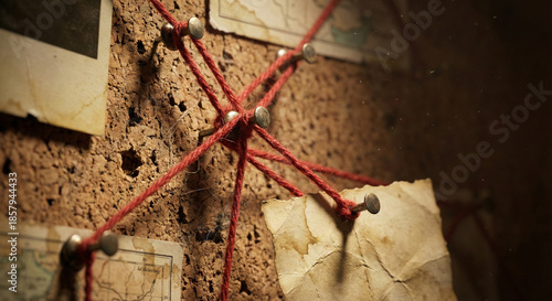 Obraz na płótnie Red String Connecting Pins on Corkboard Investigation Concept